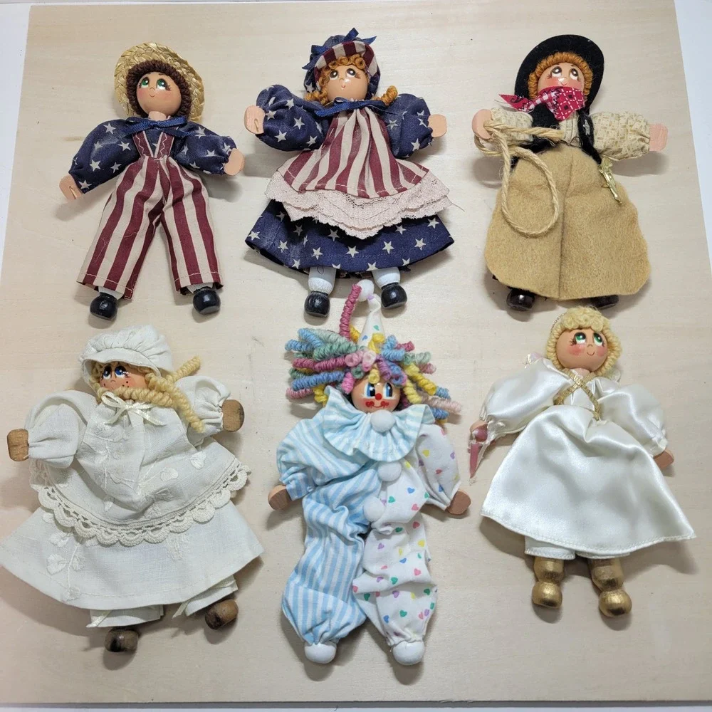 Vintage Set of 6 Handmade Fabric Wooden Peg Dolls - Patriotic Angel Clown Cowboy